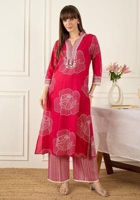 Pink Embroidery Cotton Kurta Set