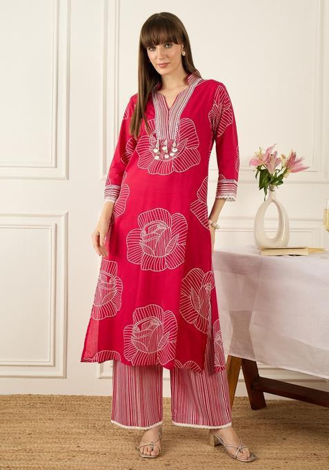 Pink Embroidery Cotton Kurta Set