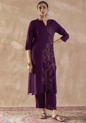 Purple Embroidery Viscose Rayon Kurta Set