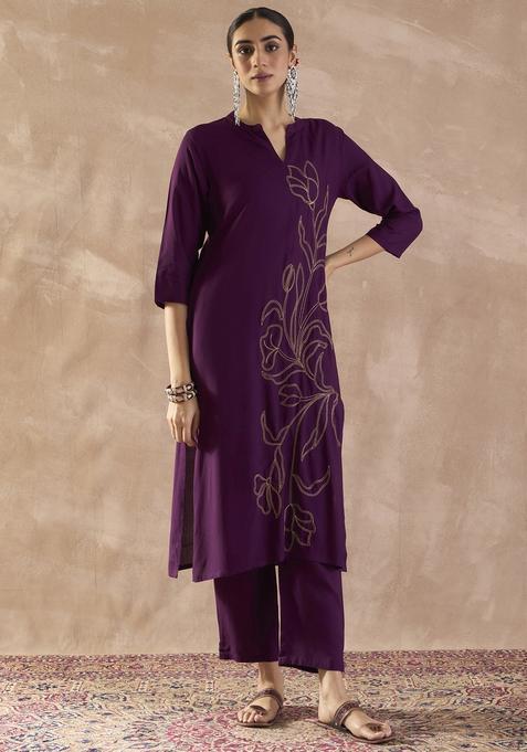 Purple Embroidery Viscose Rayon Kurta Set