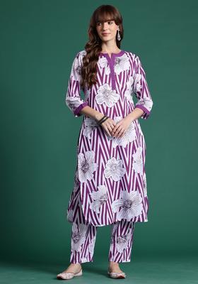 Purple Embroidery Cotton Kurta Set