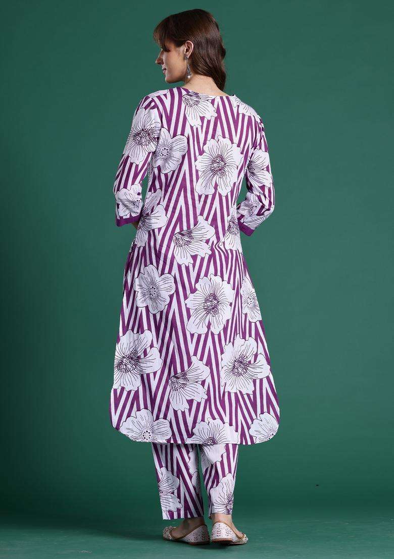 Purple Striped Cotton Co Ord Set - Indya