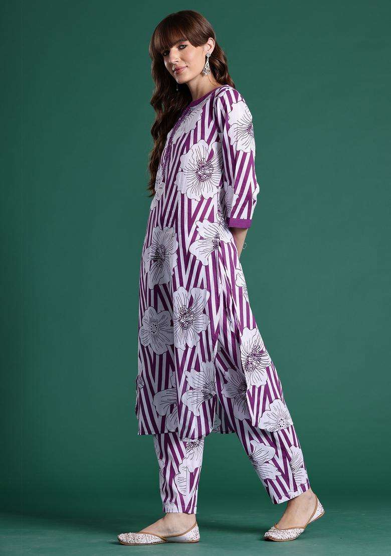 Purple Striped Cotton Co Ord Set - Indya