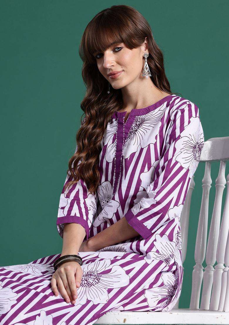 Purple Striped Cotton Co Ord Set - Indya