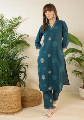 Teal Printed Cotton A Line Kurta Set