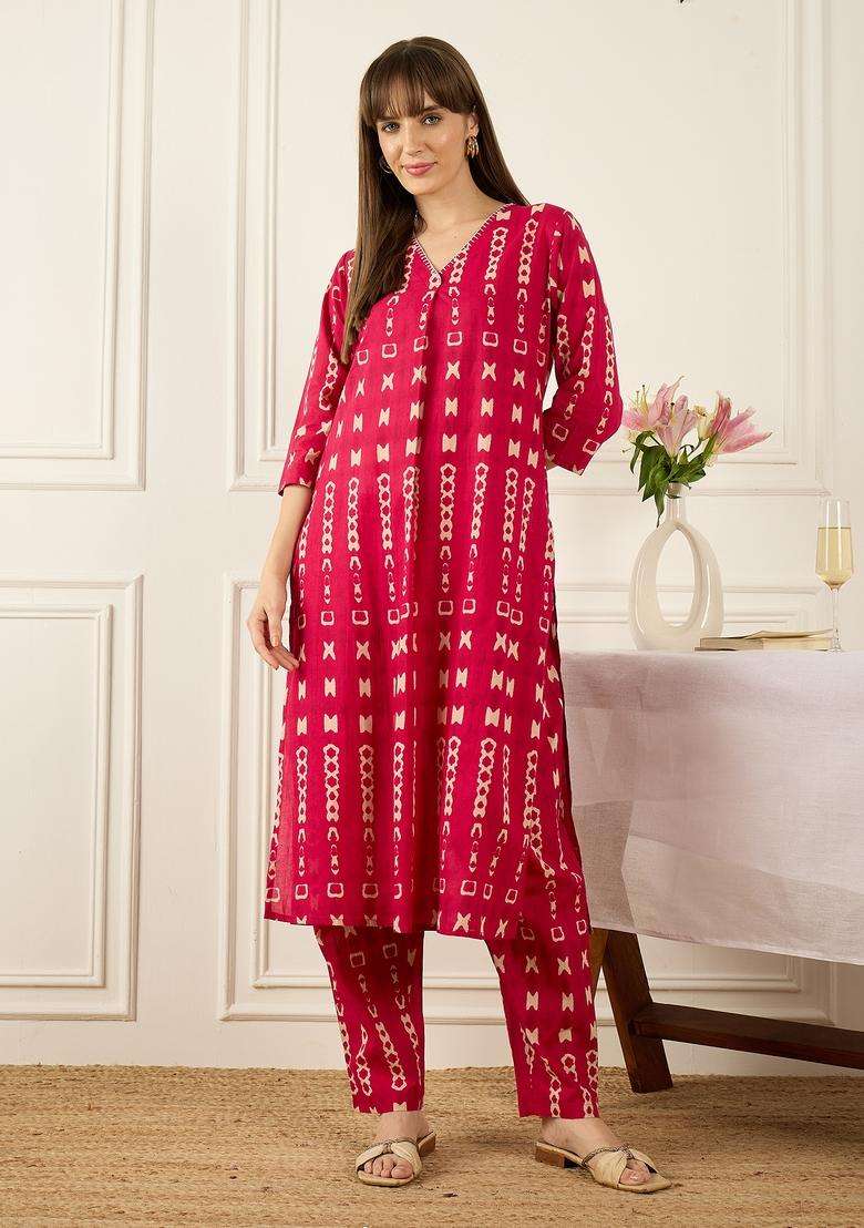 Pink Printed Cotton A Line Kurta Set - Indya