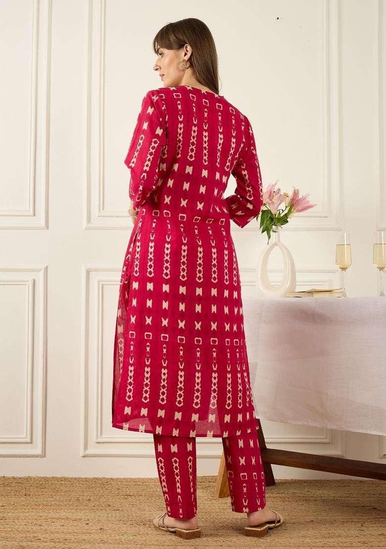Pink Printed Cotton A Line Kurta Set - Indya