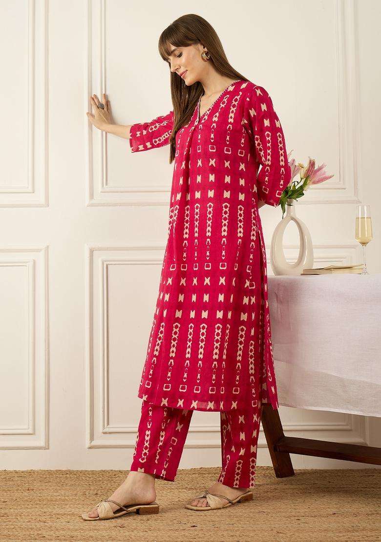 Pink Printed Cotton A Line Kurta Set - Indya