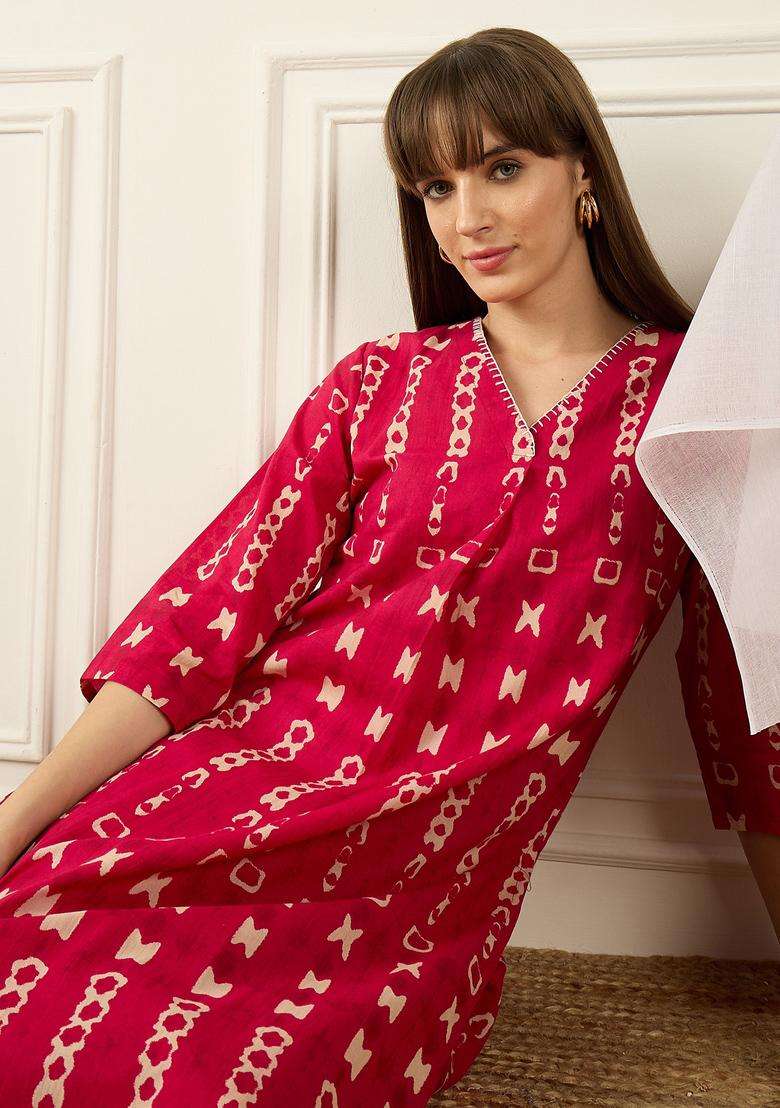 Pink Printed Cotton A Line Kurta Set - Indya