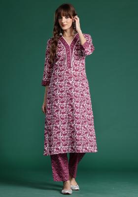 Purple Embroidery Cotton Kurta Set