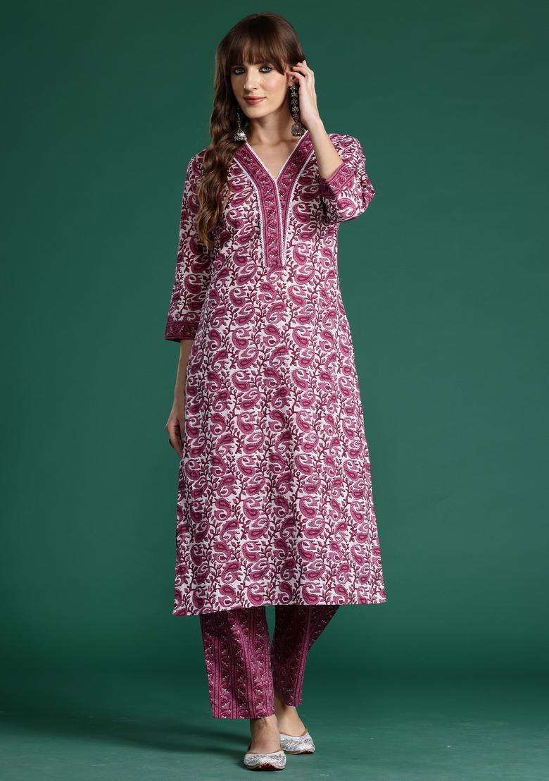Purple Printed Cotton A Line Kurta Set - Indya
