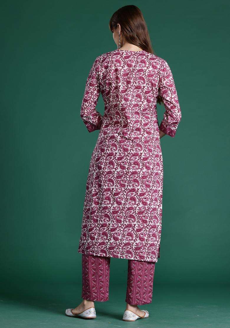 Purple Printed Cotton A Line Kurta Set - Indya