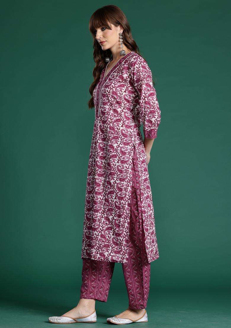 Purple Printed Cotton A Line Kurta Set - Indya