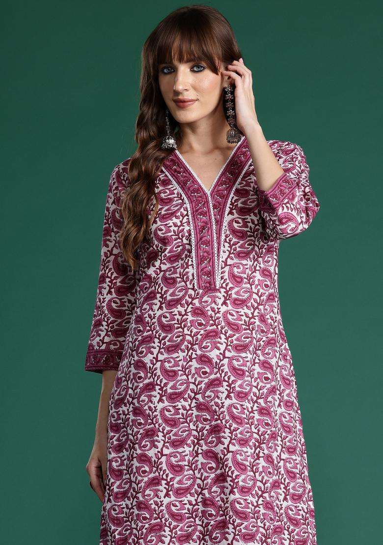 Purple Printed Cotton A Line Kurta Set - Indya