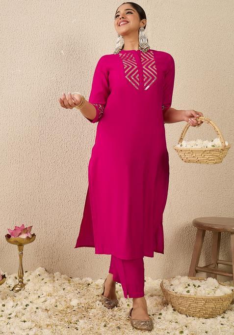 Pink Embroidery Silk Blend Kurta Set