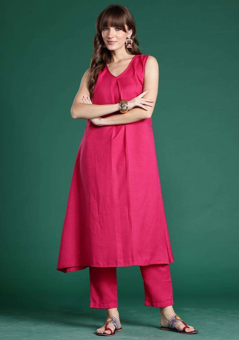 Pink Solid Cotton A Line Kurta Set - Indya