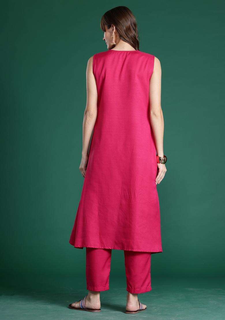 Pink Solid Cotton A Line Kurta Set - Indya