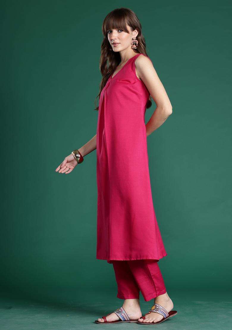 Pink Solid Cotton A Line Kurta Set - Indya