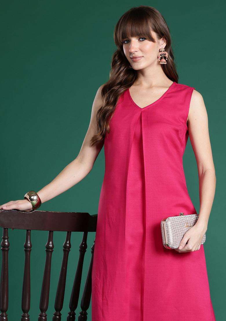 Pink Solid Cotton A Line Kurta Set - Indya
