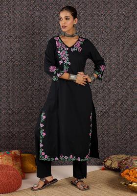 Black Embroidered Cotton Straight Kurta Set