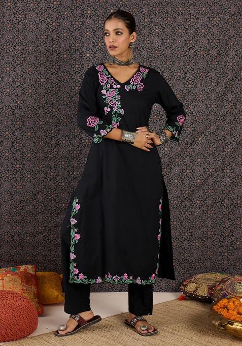 Black Embroidery Cotton Kurta Set