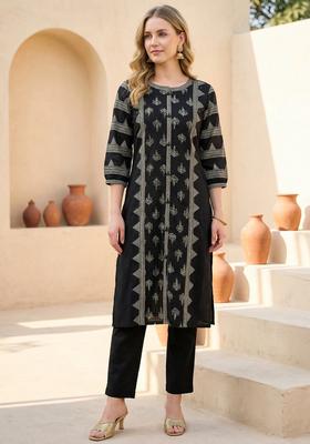 Black Printed Cotton Straight Kurta Set
