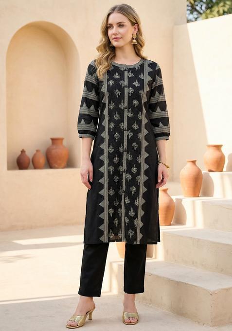 Black Embroidery Cotton Kurta Set