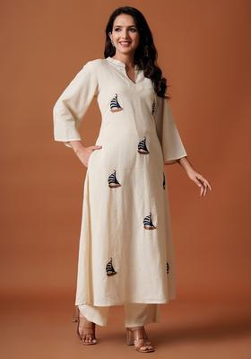 Off White Embroidery Cotton Kurta Set