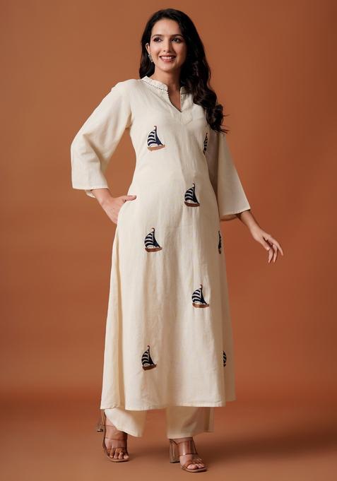 Off White Embroidery Cotton Kurta Set