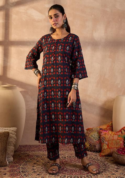 Navy Blue Embroidery Cotton Kurta Set