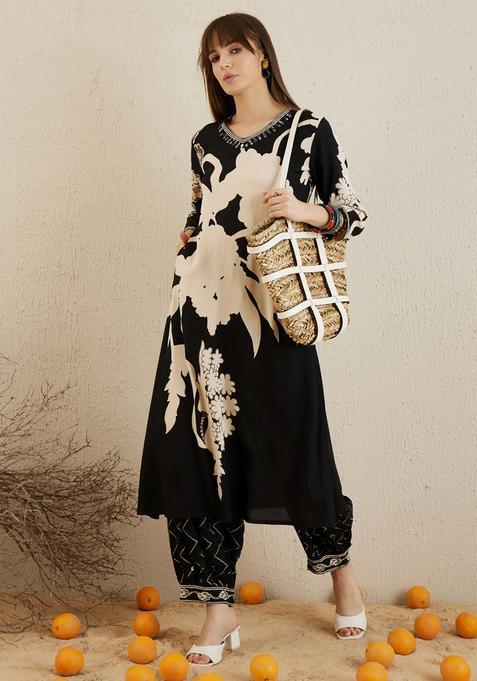 Black Embroidery Viscose Rayon Kurta Set