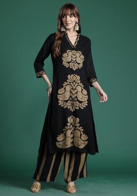 Black Embroidery Viscose Rayon Kurta Set