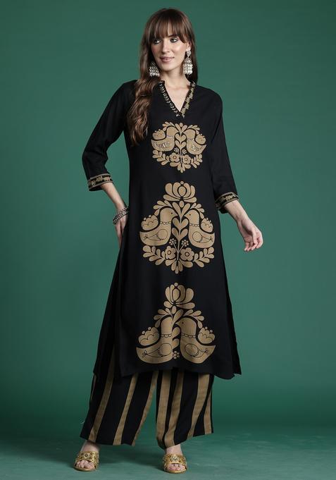 Black Embroidery Viscose Rayon Kurta Set