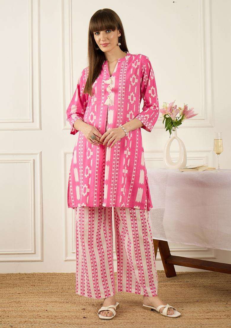 Pink Printed Cotton Co Ord Set - Indya