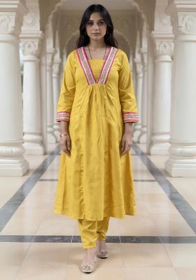 Yellow Embroidery Cotton Kurta Set