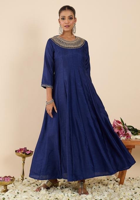 Blue Embroidery Silk Blend Kurta Set