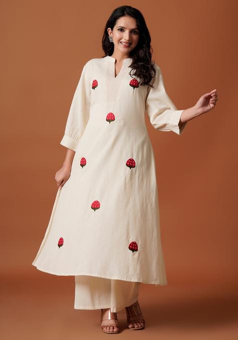 Off White Embroidery Cotton Kurta Set