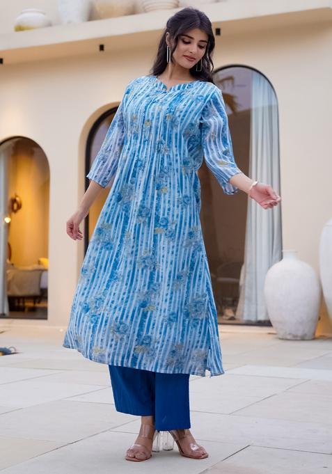 Blue Embroidery Cotton Kurta Set