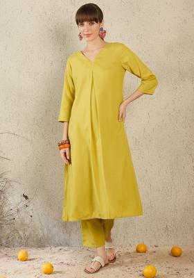Olive Solid Cotton A Line Kurta Set