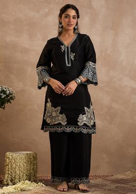 Black Embroidery Silk Blend Kurta Set