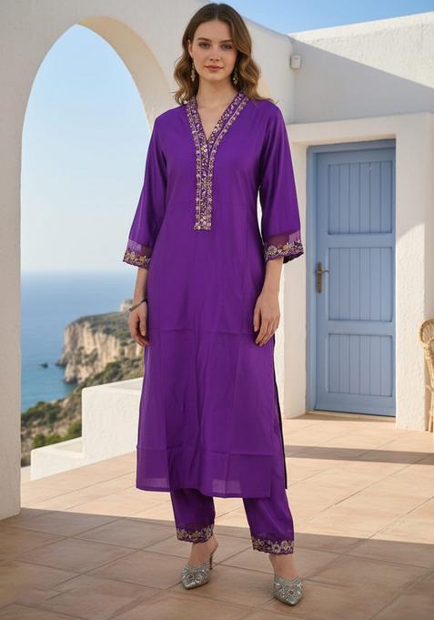 Purple Embroidery Liva Kurta Set