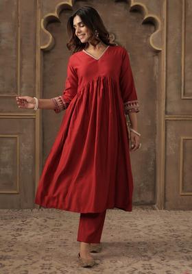 Red Embroidered Liva A Line Kurta Set