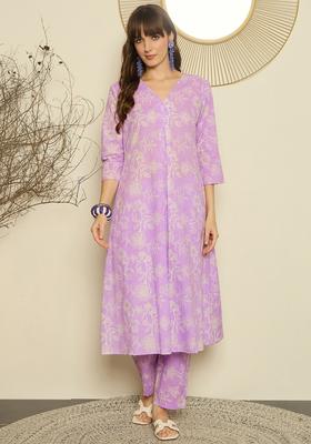 Lavender Embroidery Cotton Kurta Set