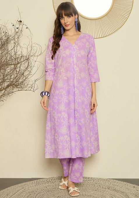 Lavender Embroidery Cotton Kurta Set
