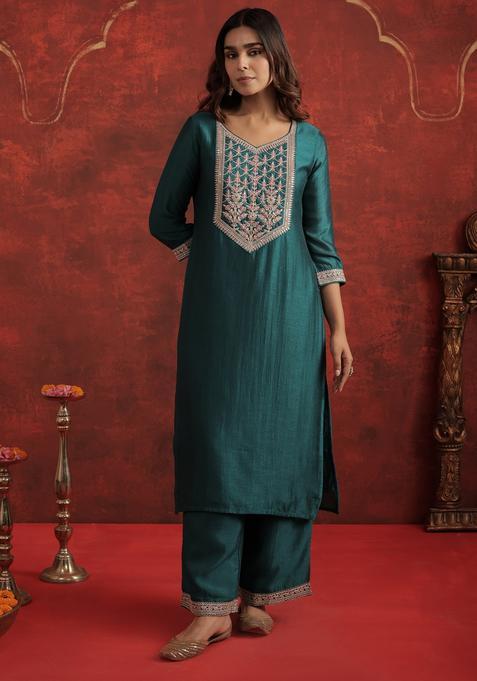 Teal Embroidery Liva Kurta Set