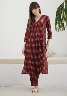 Maroon Embroidery Cotton Kurta Set