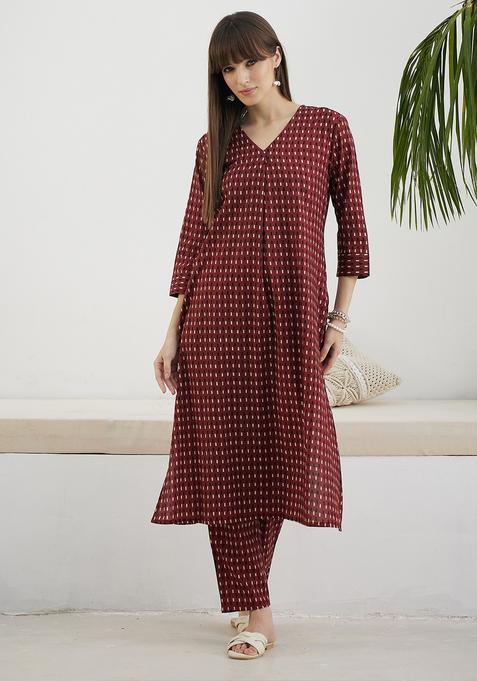 Maroon Embroidery Cotton Kurta Set