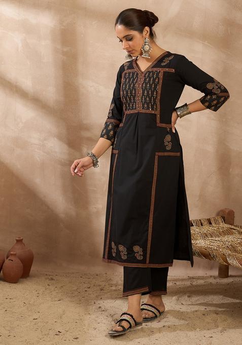 Black Embroidery Cotton Kurta Set