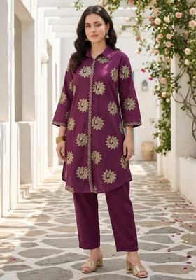 Maroon Embroidery Cotton Kurta Set