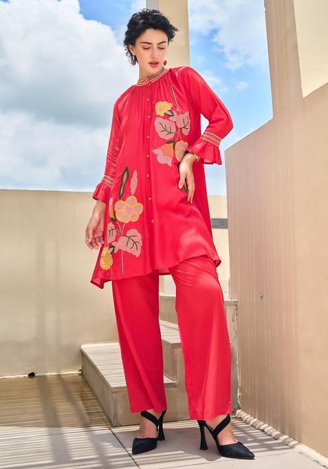 Red Embroidery Silk Blend Kurta Set